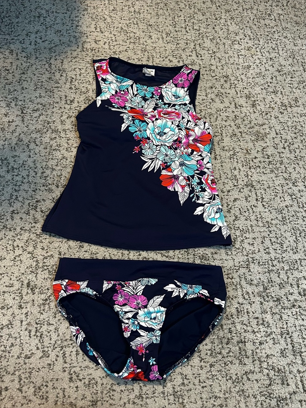 Lands’ End Navy Blue Floral Padded Tankini Set Size 2